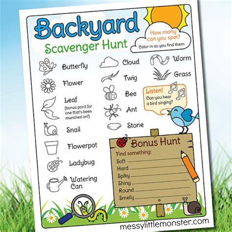 Extending the fun with an outdoor treasure hunt send your kids searching all around the yard with these clever clues. Printable Outdoor Scavenger Hunt - Messy Little Monster
