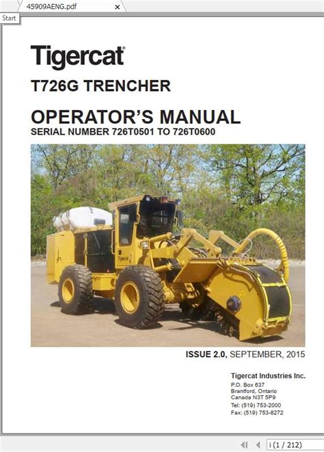 Tigercat T726G Trencher Operator S Manual 45909AENG