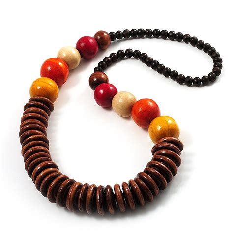 Long Multicoloured Chunky Wood Bead Necklace 76cm Length Click On