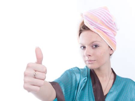 The Image Of Girl With Thumbs Up Dries Her Hair Under A Towel Focus
