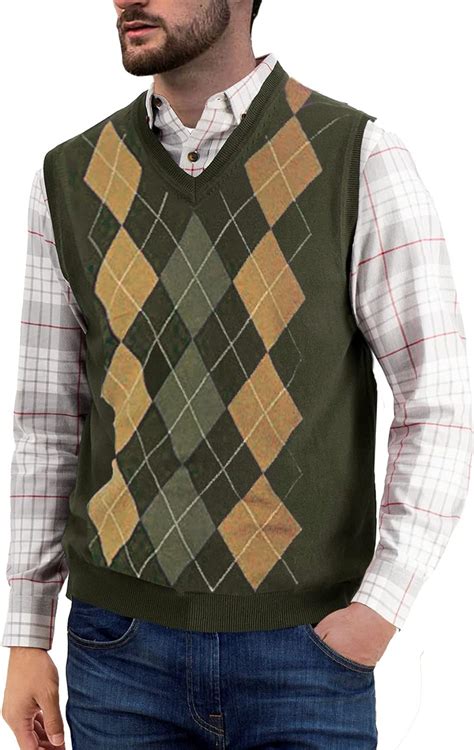 karlywindow mens argyle sweater vest plaid sleeveless v neck knit pullovers army green amazon