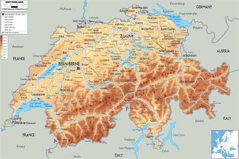 Physical Map Of Switzerland Ezilon Maps