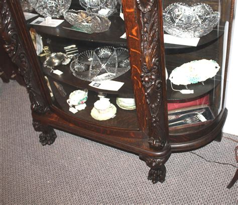 Bargain John S Antiques Antique Carved Oak Curved Glass China Cabinet Original Finish