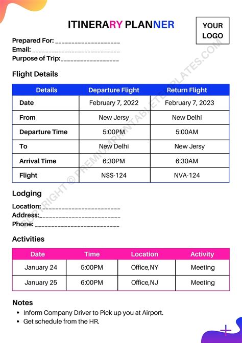 Itinerary Planner Template Printable In Pdf And Word