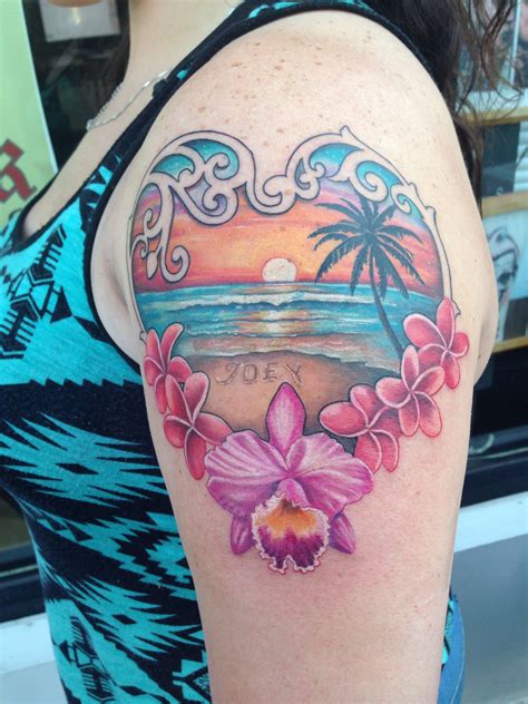 My Tropical Beach Sunset Tattoo With My Sons Name Written In The Sand Sunset Tattoos Tattoos