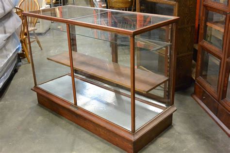 Large Antique Oak Framed Store Display Cabinet With Two Glass Shelves In Good Original Condition