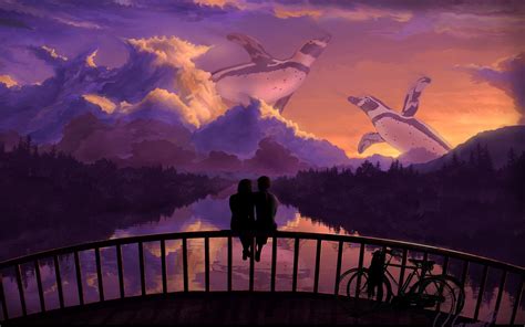 Romantic Couple Bridge Sunset Art Hd Desktop Wallpaper