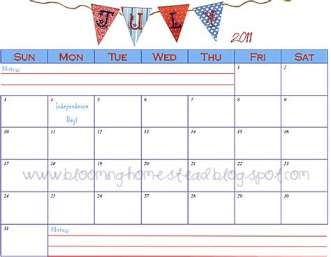 July Calendar Free Printable Blooming Homestead