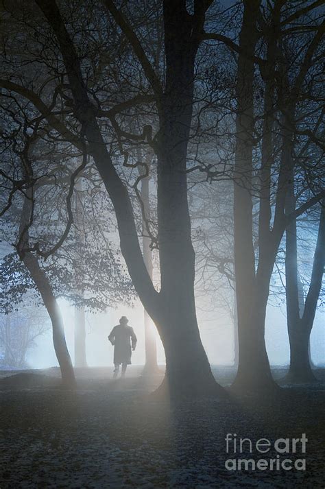 Mysterious Man Running In Foggy Woods At Nighttime Photograph By Lee Avison