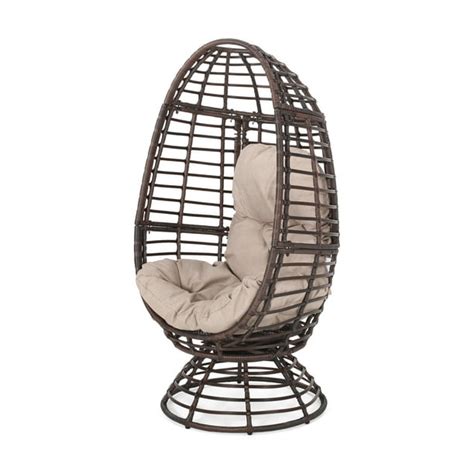 Jordyn Outdoor Wicker Swivel Egg Chair With Cushion Dark Brown Beige