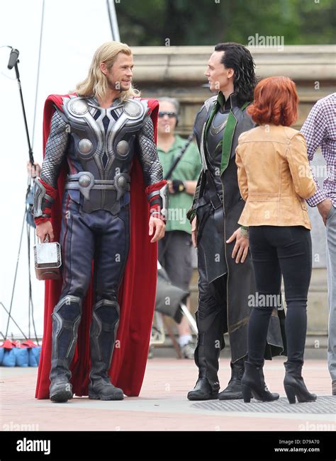chris hemsworth and tom hiddleston on the set of the avengers shooting on location in
