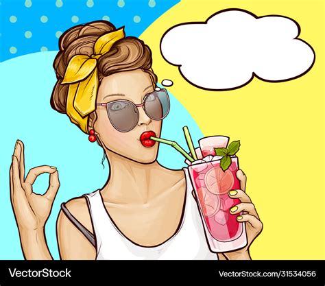 Pop Art Girl Drinks Cocktail And Shows Sign Ok Vector Image