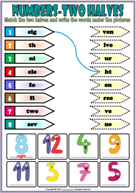 Numbers Esl Vocabulary Match The Two Halves Puzzle Worksheet