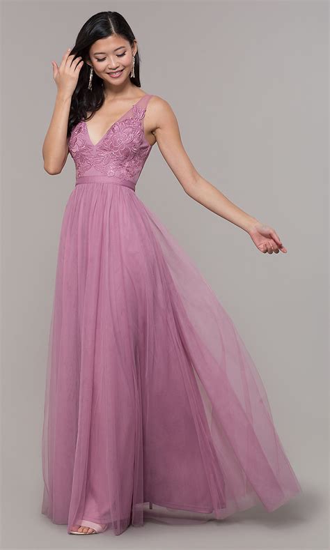 Tulle V Neck Long Mauve Pink Prom Dress Promgirl
