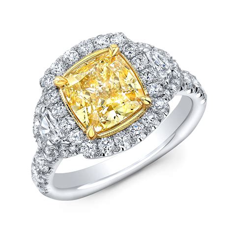 1 9ct cushion cut yellow diamond halo half moon side stones yellow canary diamond ring gia