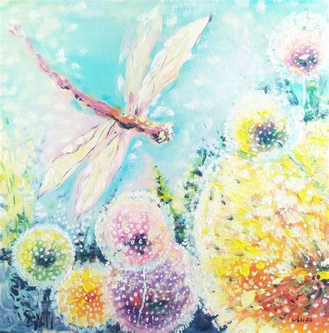 Dragonfly Painting Dandelions Original Art Meadow Painting Etsy