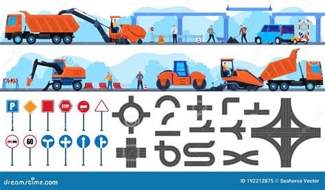 Road Repair Construction Vector Illustration Flat Set Cartoon Worker