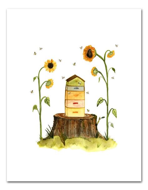 Beehive Watercolor Art Print Beekeeping Wall Art Apiary Art Garden