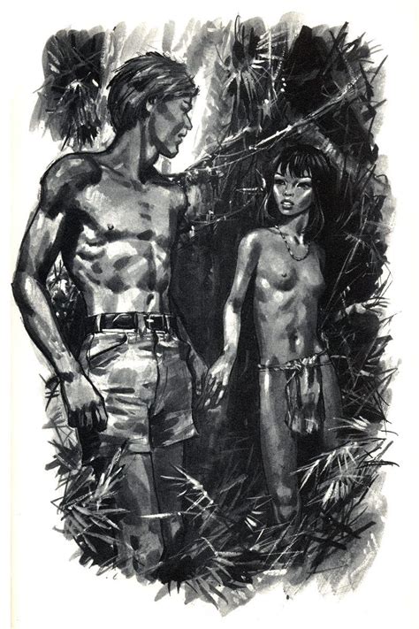 A Black And White Drawing Of Two Men Standing Next To Each Other In The Jungle
