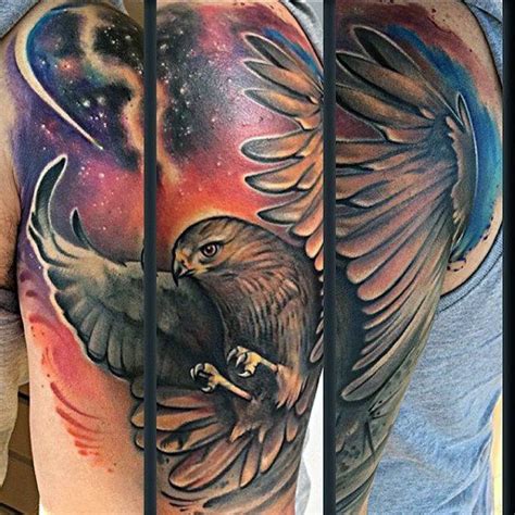Modern Hawk On Colorful Galactic Background Tattoo Upper Arm For Guys
