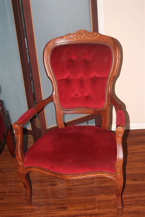 Its upright turned tapered legs, sloped arms with rolled fronts, a rectangular halfback feature grooving and carvings. Vintage French Provincial Wood and Upholstered Arm Chair ...