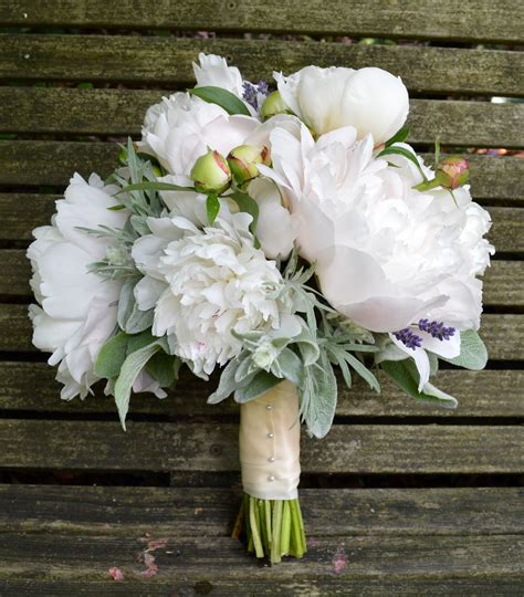 June Bridal Bouquet With Locally Grown White Peonies Lavender Lambs