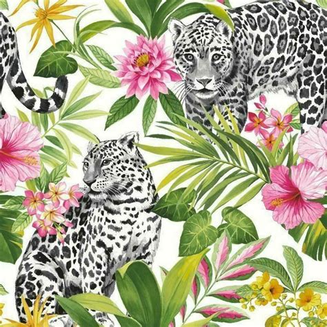 Tropical Jungle Leopard Wallpaper Black White Green Pink Palm Leaves
