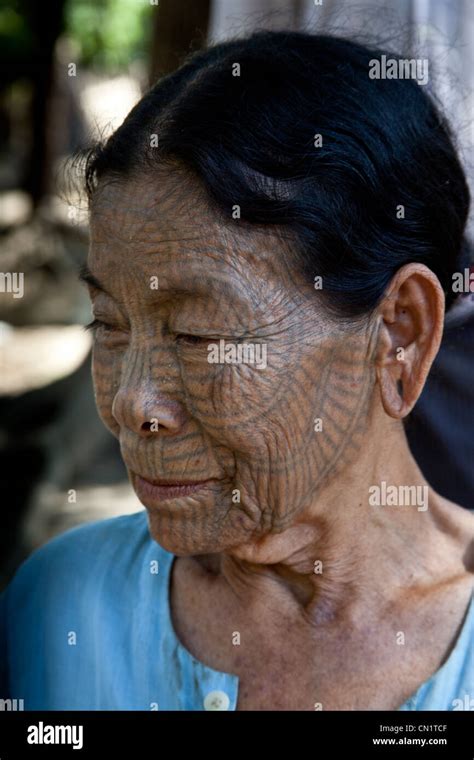 Chin Woman With A Tattooed Face Rakhine State Burma Myanmar Stock