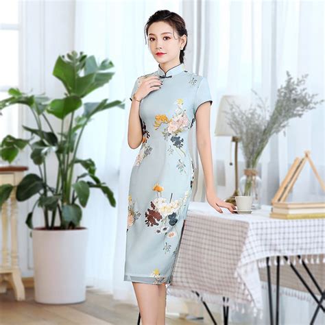 Captivating Floral Print Chiffon Dress Cheongsam Qipao Floral Print