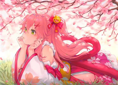 Bibimbub Cherry Blossoms Flowers Green Eyes Hololive Japanese Clothes