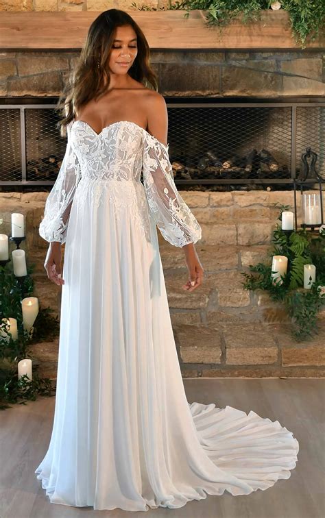 Romantic Lace Wedding Dress With Off The Shoulder Long Sleeves Stella