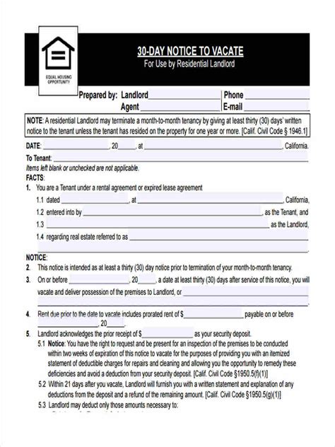 Free 5 Sample 30 Day Notice To Vacate Forms In Ms Word Pdf