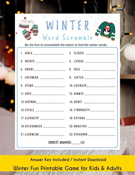 Winter Word Scramble Game Printable Holiday Party Game Winter Activity