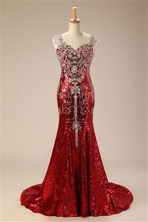 Gorgeous Mermaid Red Sequin Beaded Sparkly Special Occasion Prom Dress