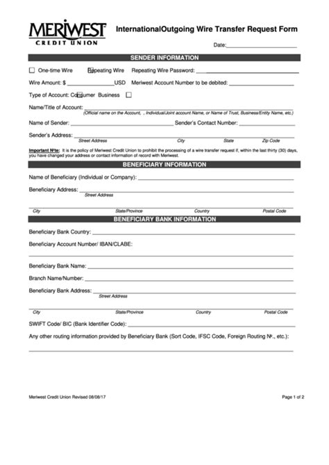 Fillable International Outgoing Wire Transfer Request Form Printable