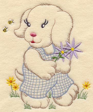 Puppy Flowers Vintage Machine Embroidered Quilt Block Azeb