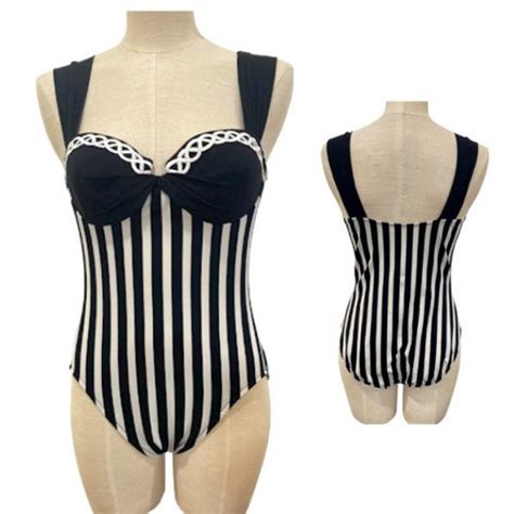 Black And White Stripe One Piece Swimsuit Etsy