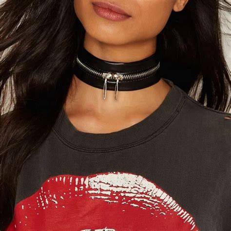 Punk Black Leather Choker Necklace For Women Ladies Fashion Metal Zipper Collar Necklace