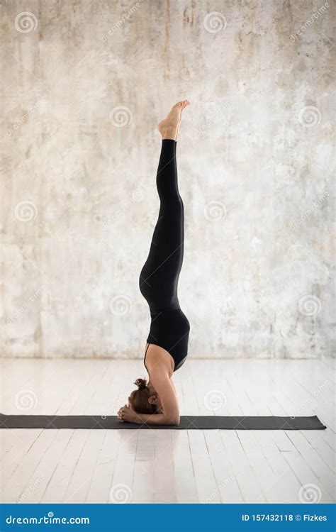 Beautiful Woman Practicing Yoga Headstand Salamba Sirsasana Exercise