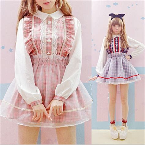 Xadrez Lolita Kawaii Roupas De Malha Rendas Vestido De Manga Comprida