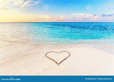 Heart Drawn On Sand Of A Tropical Beach At Sunset Stock Photo Image