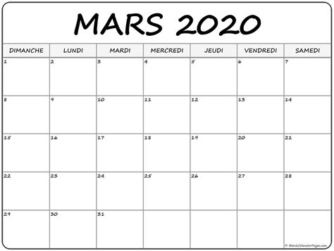 Mars 2020 Calendrier Gratuit Free Printable Calendar Calendar