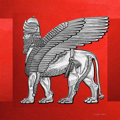 Assyrian Winged Lion Silver Lamassu Over Red Canvas Digital Art By