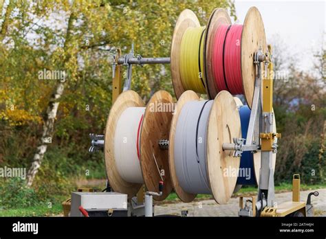 Cable Drums With Fiber Optic Cable For High Speed Internet Stock Photo