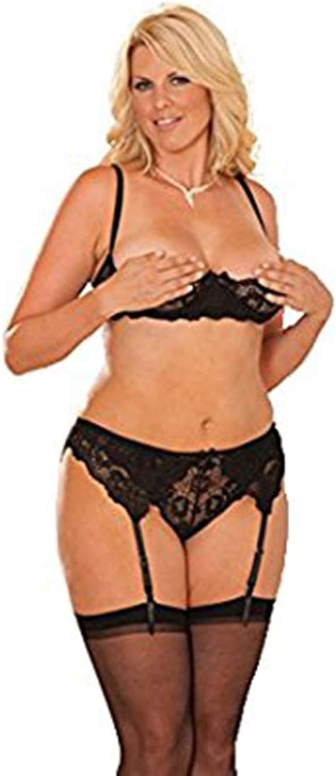 Sexy Black Cupless Shelf Bra Lingerie Set Retro Suspender Belt Plus