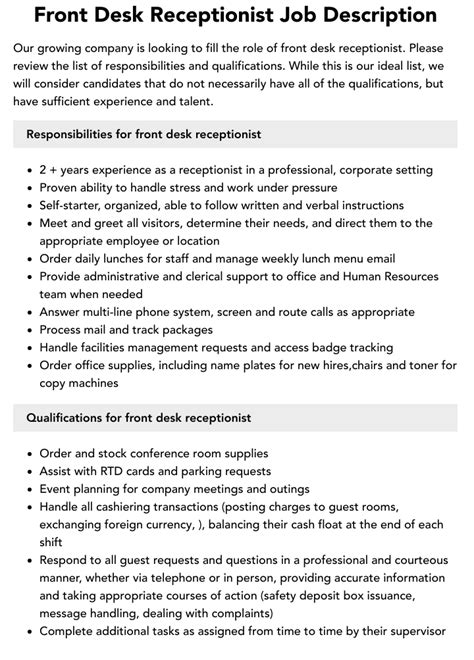 Front Desk Receptionist Job Description Velvet Jobs