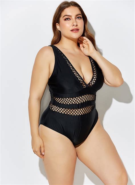 Black Lattice Plunge One Piece Swimsuit