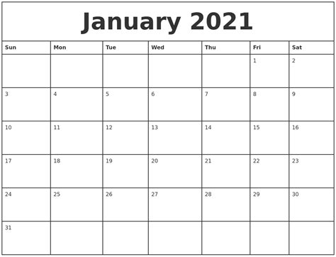 January 2021 Printable Monthly Calendar