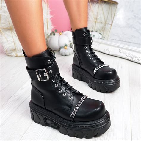 Womens Ladies Side Zip Chunky Platform Biker Ankle Boots Front Chain Women Shoes Ebay
