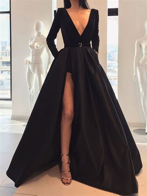 Custom Made A Line Deep V Neck Black Long Sleeves Prom Dresses With Leg Slit Black V Neck Long